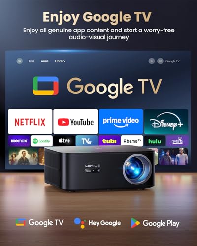 【Bundled with Google TV Stick/4K Supported】Smart Projector with WiFi & Bluetooth, Outdoor & Home TV Movie Projectors with Voice Control, Auto Focus & Keystone, Compatible with Netflix Proyector WiMiUS