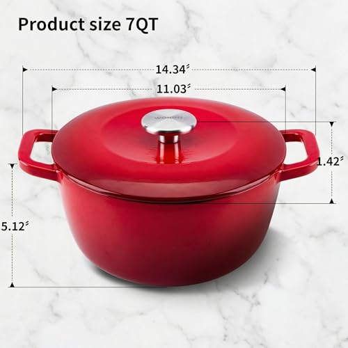 WOKINS 7QT Enamel Cast Iron Dutch Oven with Lid,Dual Handles,Versatile Heavy-Duty Non-toxic Cookware for Sourdough Bread Baking,Braising,Stews,Roasting,Oven Safe up to 500°F red