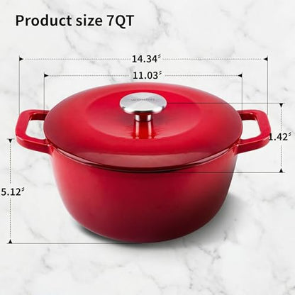 WOKINS 7QT Enamel Cast Iron Dutch Oven with Lid,Dual Handles,Versatile Heavy-Duty Non-toxic Cookware for Sourdough Bread Baking,Braising,Stews,Roasting,Oven Safe up to 500°F red