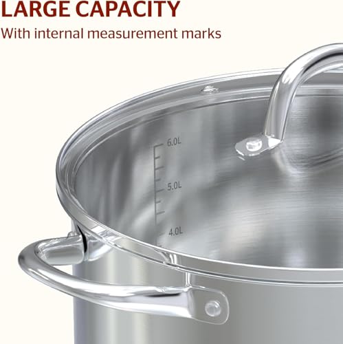 Sunhouse Stock Pot with Lid - 7 QT Large Pot for Cooking Pasta, Soup, Spaghetti - Impact Bonding Base Big Stainless Steel Pots for Canning, Boiling - Oven Safe & Induction Compatible Cookware