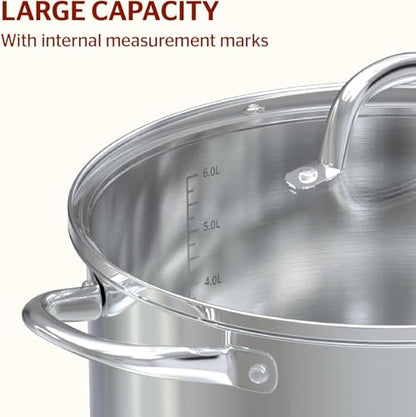 Sunhouse Stock Pot with Lid - 7 QT Large Pot for Cooking Pasta, Soup, Spaghetti - Impact Bonding Base Big Stainless Steel Pots for Canning, Boiling - Oven Safe & Induction Compatible Cookware