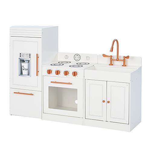 Teamson Kids Little Chef Paris Modular Contemporary Interactive Wooden Play Kitchen with Refrigerator, Oven, Sink, and Storage Space for Easy Clean Up, White with Rose Gold Finishes