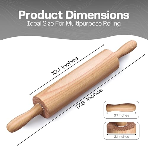 Wooden Rolling Pin 17.6 Inch with Rotating Ergonomic Handles – Classic Beech Wood Dough Roller for Baking Pizza, Pastry, Bread, and Cookies
