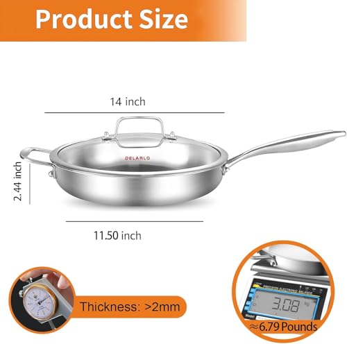 DELARLO Stainless Steel Pan 14-Inch, Large Frying Pan with Lid, Heavy Duty, Compatible with Induction, Gas and Electric up to 650℉, Fast & Even Heating, Dishwasher, Oven Safe Skillet, PTFE & PFOA Free