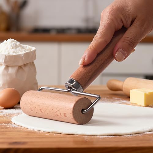 Wooden Dough Roller Large Single Wheel Handheld Rolling Pin for Pastry Pizza Baking Handmade Beechwood Kitchen Tool(6.49 x 4.72Inch)