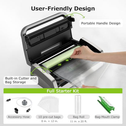 Bonsenkitchen Vacuum Sealer Machine, Globefish Technology for Perfect Vacuum Sealing, Powerful Low-Noise Food Vacuum Sealer with Easy Handle Design, Built-in Cutter & Bag Storage, 1 Bag Roll & 10 Bags