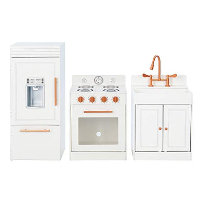 Teamson Kids Little Chef Paris Modular Contemporary Interactive Wooden Play Kitchen with Refrigerator, Oven, Sink, and Storage Space for Easy Clean Up, White with Rose Gold Finishes