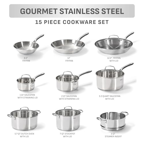 T-fal Gourmet 15-Piece Stainless Steel Cookware Set, Pots and Pans Cooking Set, Dishwasher Safe, Oven Safe to 500°F, Induction Compatible, Stock Pot, Sauce, Saute, Frying Pans, Silver