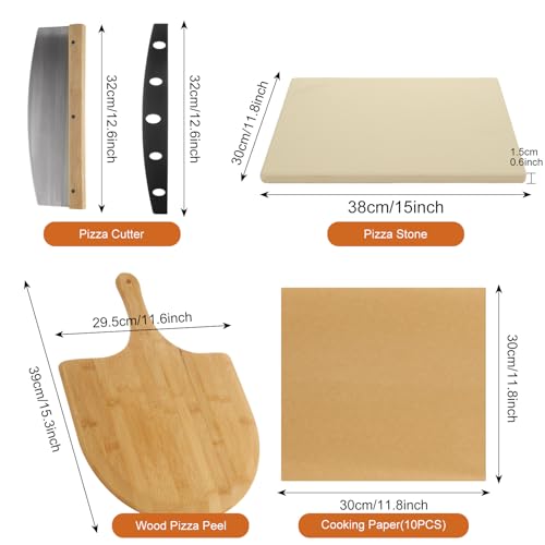 FVIEXE 4 PCS Oven Pizza Stone Set, 15 x 12 Inch Large Rectangle Pizza Stone with Wooden Pizza Peel, Pizza Cutter & 10PCS Cooking Paper for Oven & Outdoor Grill, Baking Stone Pan for Pizza, Bread