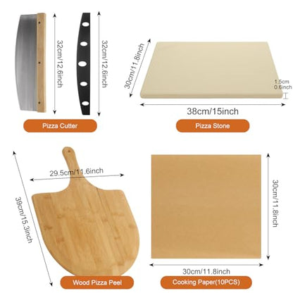 FVIEXE 4 PCS Oven Pizza Stone Set, 15 x 12 Inch Large Rectangle Pizza Stone with Wooden Pizza Peel, Pizza Cutter & 10PCS Cooking Paper for Oven & Outdoor Grill, Baking Stone Pan for Pizza, Bread
