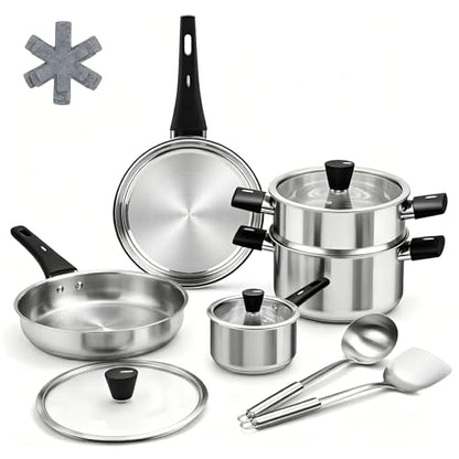 ASKSCICI Stainless Steel Cookware Set, 14-Piece Pots and Pans Set, Kitchen Cookware Set with Stay-Cool Handle, Non-Toxic, Dishwasher Safe & Compatible with All Stovetops (Gas, Electric & Induction)