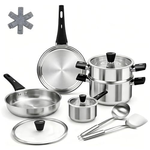 ASKSCICI Stainless Steel Cookware Set, 14-Piece Pots and Pans Set, Kitchen Cookware Set with Stay-Cool Handle, Non-Toxic, Dishwasher Safe & Compatible with All Stovetops (Gas, Electric & Induction)