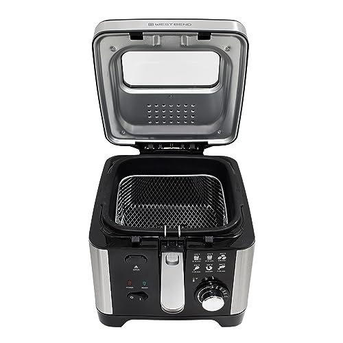 West Bend Deep Fryer with Adjustable Temperature Control Nonstick Basket Easy-View Window and Temperature Guide, Folding Handle and Locking Cover for Easy Storage, 3-Liter, Silver