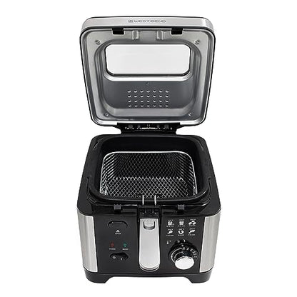 West Bend Deep Fryer with Adjustable Temperature Control Nonstick Basket Easy-View Window and Temperature Guide, Folding Handle and Locking Cover for Easy Storage, 3-Liter, Silver