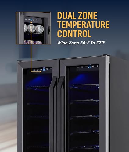 NewAir 24" Dual Zone Beverage Refrigerator & Wine Cooler for 18 Bottles & 58 Cans | Freestanding or Built-In Under Counter Mini Fridge for Beer, Wine and Soda | Black Stainless Steel