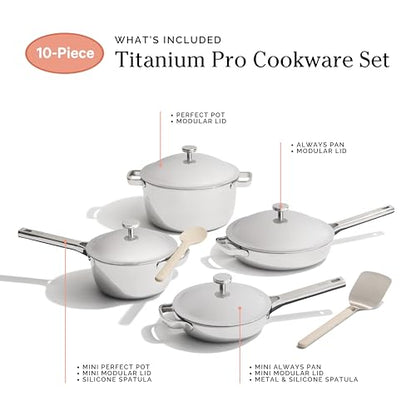 Our Place Titanium Pro Cookware Set | 10-Piece Pots and Pans Set with Always Pan Pro, Perfect Pot Pro & Minis | Non-Toxic No-Coating Nonstick | Induction & Oven-Safe up to 1000°F | Chrome
