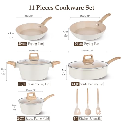 M MELENTA Pots and Pans Set Non Stick, Non-Toxic Ceramic Cookware Set, 11pcs Induction Cookware, Kitchen Cooking Set with Frying Pans, Saucepan, Stock Pot, PFOA Free & PFOS Free, Cream Color