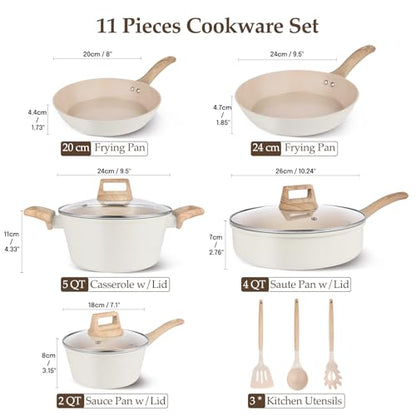 M MELENTA Pots and Pans Set Non Stick, Non-Toxic Ceramic Cookware Set, 11pcs Induction Cookware, Kitchen Cooking Set with Frying Pans, Saucepan, Stock Pot, PFOA Free & PFOS Free, Cream Color