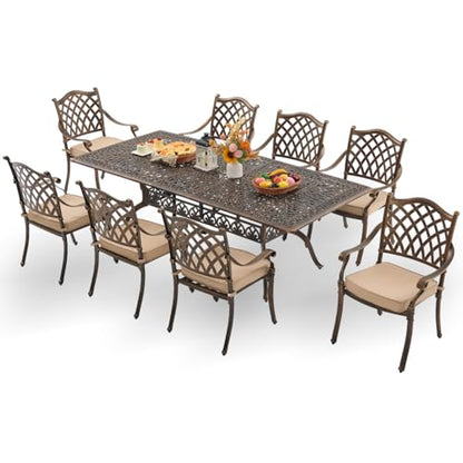 Attliahome 9-Piece Cast Aluminum Outdoor Table and Chairs, Classic Vintage Patio Dining Set for 8 Include 87" Rectangular Patio Dining Table and 8 Chairs with Removable Cushion and Umbrella Hole