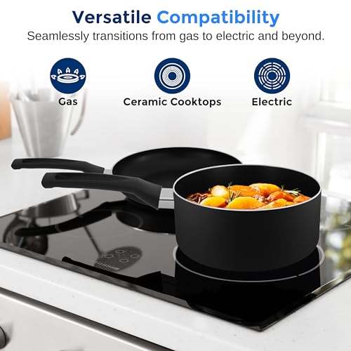 SereneLife Kitchenware Pots & Pans Basic Kitchen Cookware, Black Non-Stick Coating Inside, Heat Resistant Lacquer (11-Piece Set), One Size, Black