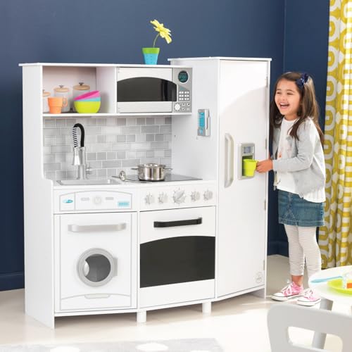 KidKraft Large Wooden Play Kitchen with Lights & Sounds, Icemaker, Play Phone, White, Gift for Ages 3+