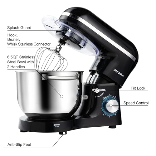 Aucma Stand Mixer,6.5-QT 660W 6-Speed Tilt-Head Food Mixer, Kitchen Electric Mixer with Dough Hook, Wire Whip & Beater (Black, 6.5QT)