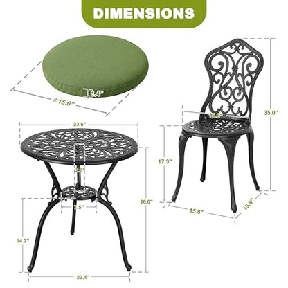 NUU GARDEN Patio 3-Piece Bistro Set with Cushions, Patio Chairs and Outdoor Round Table with Umbrella Hole, Cast Aluminum Patio Set for Lawn, Garden, Porch, Poolside, Black
