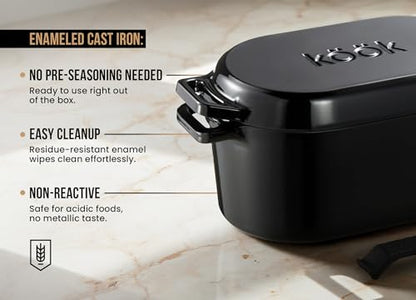 KooK Dutch Oven, for Bread Baking, Sourdough Loaf Pan, with Lid, Dual Handles, Enameled Cast Iron, includes Lid Lever, Dishwasher Safe, Oven safe 500F, 3.4 Qt, Black