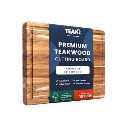 Teakhaus Carving Board with Juice Groove - Small (S) Teak Wood Cutting Board 14”L x 10”W x 1” Thick - Lightweight, Sustainably Harvested & FSC Certified - Knife Friendly with Beeswax Oil Finish