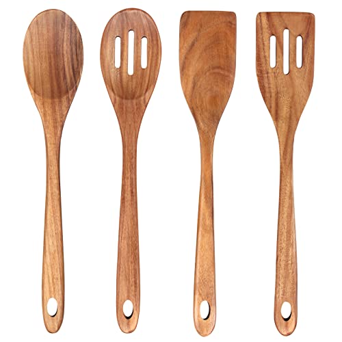 4-Piece 14" Large Wooden Utensils Set for Cooking Spatula Long Handled Slotted Spoon Non-Stick Utensil Slotted Turner Mixing Spoons with Hole Best Wood Kitchen Spatula Stirring Serving Spoons