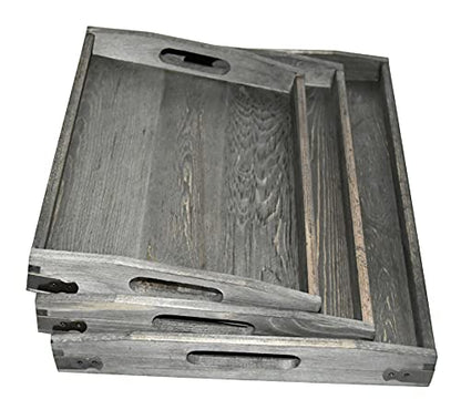 Owlgift Vintage Grey Wood Serving Trays with Brass Metal Wrap Accents, Set of 3