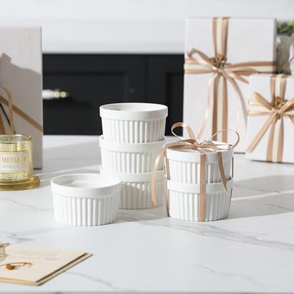 MALACASA Ramekins 4 oz Oven Safe, Porcelain Creme Brulee Ramekins Pudding Custard Cups Small Ceramic Souffle Dishes Ramakan Ramiken Ramicans Baking Bowls Set of 6, White, Series RAMEKIN-DISH