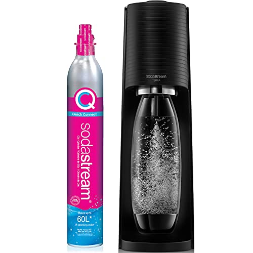 SodaStream TERRA Sparkling Water Maker, Value Bundle, CQC CO2 System, Includes 2 Quick Connect 60L CO2 Cylinders, 3 Dishwasher Safe BPA Free Bottles, 2 bubly Flavor Drops, Make your own Pepsi, Black
