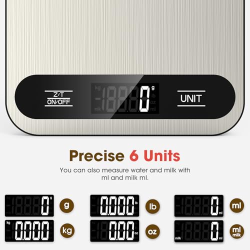 Mik-Nana Food Scale, 22lb Digital Kitchen Scale with 6 Units Tare Function & LCD Display, Stainless Steel Weight Grams and Ounces for Baking, Cooking and Meal Prep (Batteries Included)