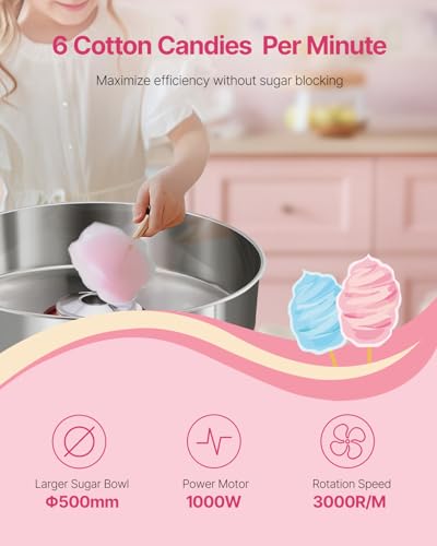 VEVOR Electric Cotton Candy Machine, 1000W Commercial Floss Maker w/Stainless Steel Bowl, Sugar Scoop and Drawer, Perfect for Home, Carnival, Kids Birthday, Family Party, Pink