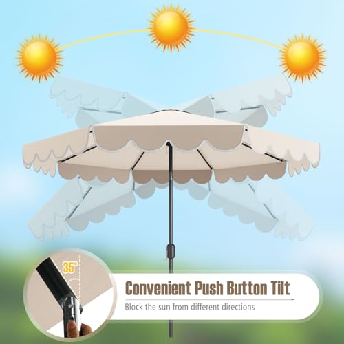 Tangkula 10 FT Patio Umbrella, 2-Tiers Scalloped Outdoor Table Market Umbrella with Tilt Adjustment, Crank, 8 Sturdy Ribs for Pool, Deck, Backyard (Beige)