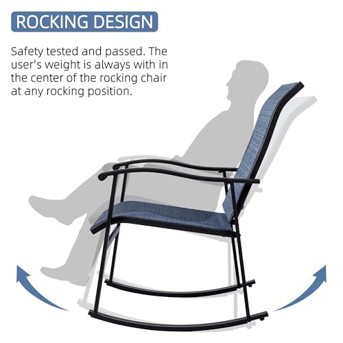 Vongrasig 3 Piece Outdoor Rocking Bistro Set, Textilene Fabric Small Patio Furniture Set, Front Porch Rocker Chairs Conversation Set with Glass Table for Lawn, Garden, Balcony, Poolside (Denim Blue)