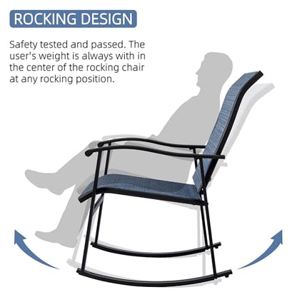 Vongrasig 3 Piece Outdoor Rocking Bistro Set, Textilene Fabric Small Patio Furniture Set, Front Porch Rocker Chairs Conversation Set with Glass Table for Lawn, Garden, Balcony, Poolside (Denim Blue)