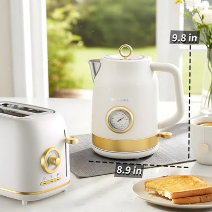 QUAXWELL Retro Electric Tea Kettle, 1.7L, Matte White and Gold