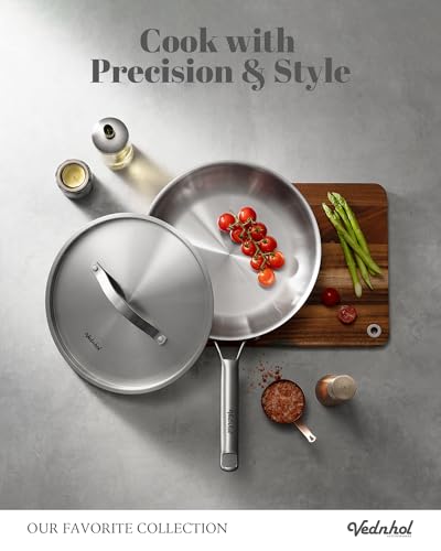 VEDNHOL Stainless Steel Frying Pan with Stainless Steel Handle,12 Inch Tri-Ply Stainless Steel Skillet,Brushed Steel Pan for Cooking,Dishwasher and Oven Safe,Induction&All Stove Compatible