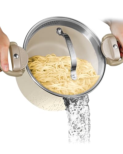 GOTHAM STEEL 5 Qt Ceramic Stock Pot Multipurpose Pasta Pot with Strainer Lid & Twist and Lock Handles, Nonstick Ceramic Pot for Soup, Spaghetti, Rice, Pots for Kitchen, Dishwasher Safe - Cream