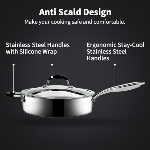 SLOTTET Tri-Ply Stainless Steel Saute Pan with Lid, 5 Quart Deep Sauté Pan with Stay Cool Handle,11.5 Inch Frying Pan,Dishwasher and Oven Safe,Induction Stainless Steel Cookware