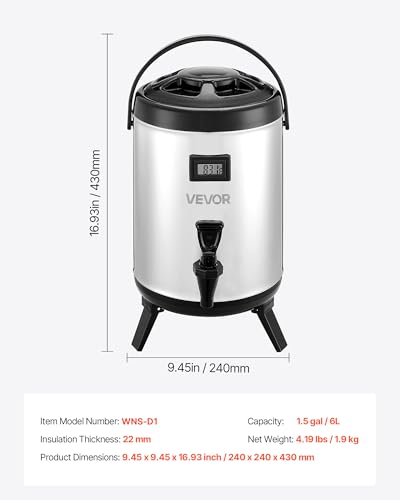 VEVOR Insulated Beverage Dispenser, 1.5 Gal/6L Stainless Steel Thermal Drink Server with Spigot & Temp Display, Suitable for Hot and Cold Drinks, for Tea Coffee Water in Cafes & Restaurants, Silver