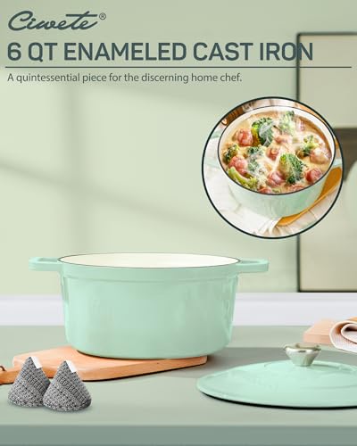 Ciwete 6 QT Dutch Oven Pot with Lid, Enameled Cast Iron Dutch Oven for Bread Making, Braiser, Cooking, Dual Handles, Oven Safe up to 500° F or on Stovetop, Gifts for Family - Mint Green