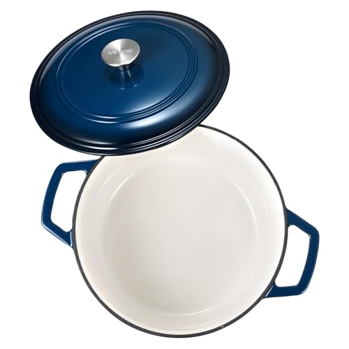 VEVOR Enameled Cast Iron Dutch Oven, 6 Quart Pot with Lid and Dual Handles, Heavy-Duty Durable Cookware Pan, Oven Induction Compatible up to 500℉, for Braising, Stews, Roasting, Bread Baking, Blue