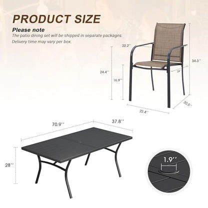 VICLLAX 9 Pieces Patio Outdoor Dining Set, 70" Outdoor Rectangular Metal Dining Table with Umbrella Hole and 8 Stackable Textilene Chairs for Lawn, Garden, Porch, Black/Brown