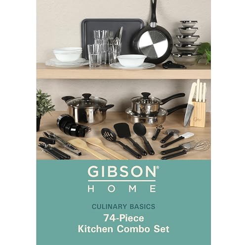 Gibson Home 74 Piece Kitchen in a Box Pots and Pans Cookware, Plates and Bowls Dinnerware, Cutlery Knife Block, Flatware Utensils, Tools & Gadgets, Storage, Glasses Set