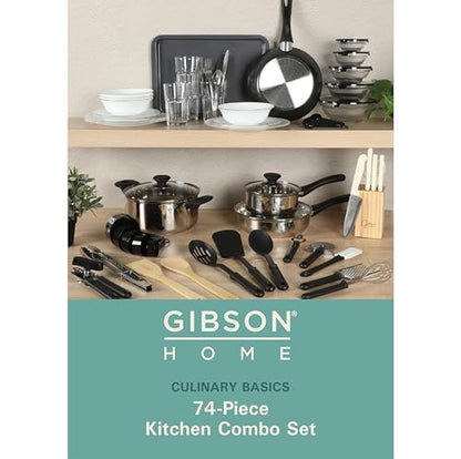 Gibson Home 74 Piece Kitchen in a Box Pots and Pans Cookware, Plates and Bowls Dinnerware, Cutlery Knife Block, Flatware Utensils, Tools & Gadgets, Storage, Glasses Set