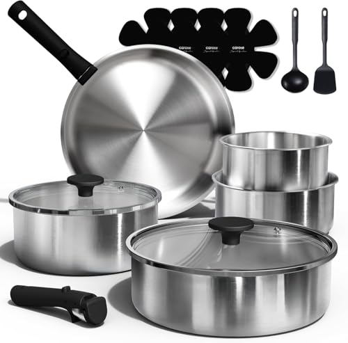 CAROTE Pots and Pans Set, Stainless Steel Cookware Set Detachable Handle, 15pcs Induction Kitchen Cookware Sets with Removable Handle, RV Cookware Set, Oven Safe, Mothers Day Gifts