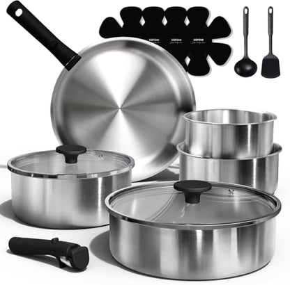 CAROTE Pots and Pans Set, Stainless Steel Cookware Set Detachable Handle, 15pcs Induction Kitchen Cookware Sets with Removable Handle, RV Cookware Set, Oven Safe, Mothers Day Gifts